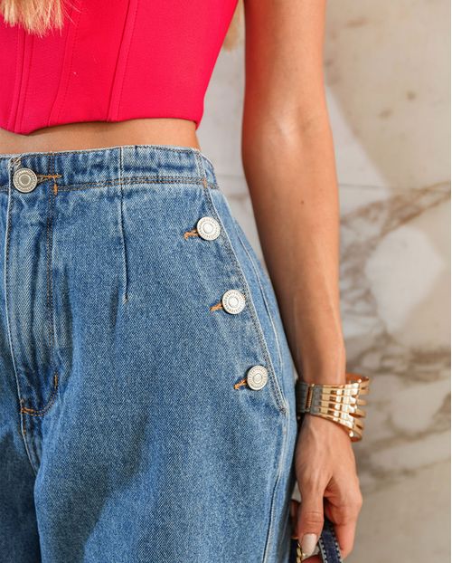 Calça Jeans Wide Leg Feminina Cintura Alta Detalhe Botões 22597 Média