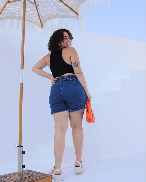 Bermuda Jeans Meia Coxa Plus Size Feminina Cintura Alta Cós de Elástico 23524 Escura