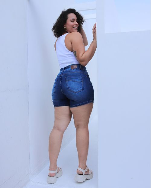 Bermuda Jeans Meia Coxa Plus Size Feminina Botão Duplo 23588 Escura