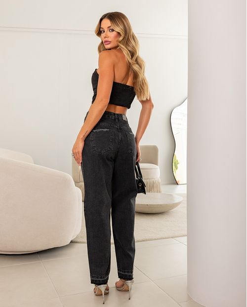 Calça Jeans Slouchy Feminina Cintura Média com Aplicacão de Pedras 27282 Vintage