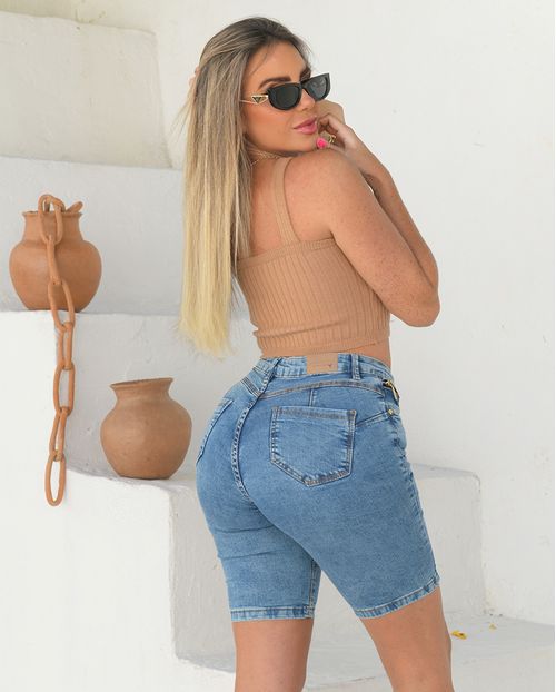 Bermuda Jeans Meia Coxa Feminina Cintura Alta Detalhe Zíper 23609 Média