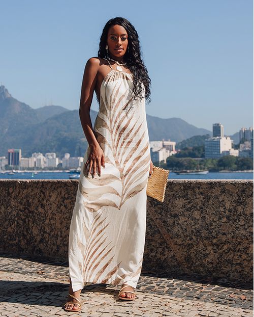 Vestido Viscose Longo Feminino Estampado 90526 Bege