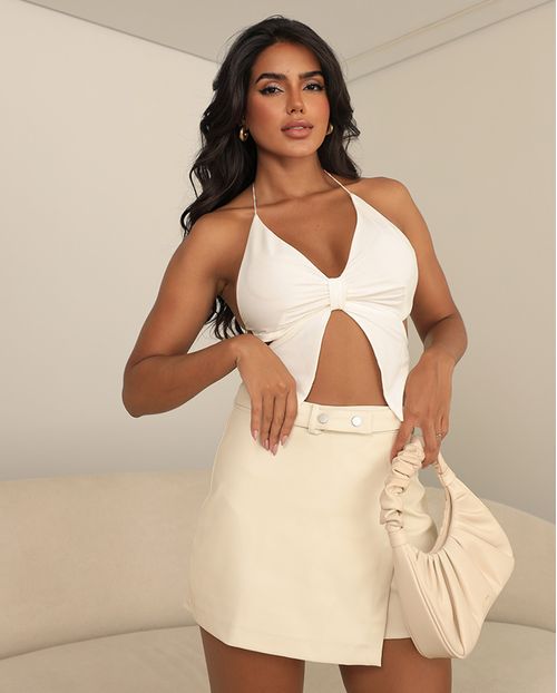 Shorts Saia Feminino  em Couro Pu 90536  Off White