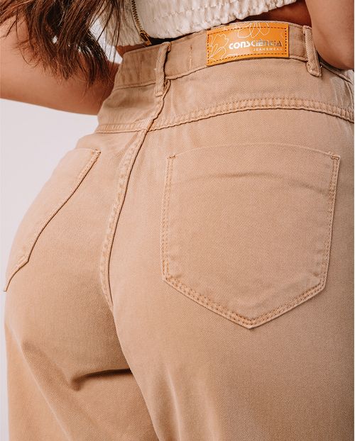 Calça Sarja Wide Leg Feminina Cintura Alta Bolsos Cargo 21389 Caqui