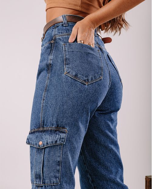 Calça Jeans Wide Leg Feminina Cintura Alta com Bolso Cargo 22186 Escura