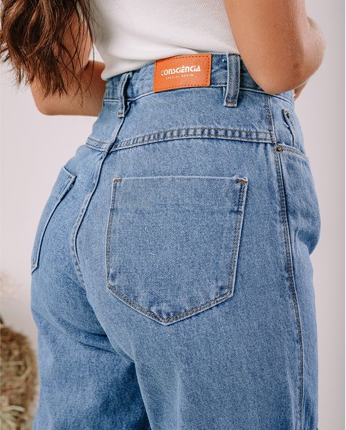Calça Jeans Wide Leg Feminina Cintura Alta com Bolso Cargo 22186 Média