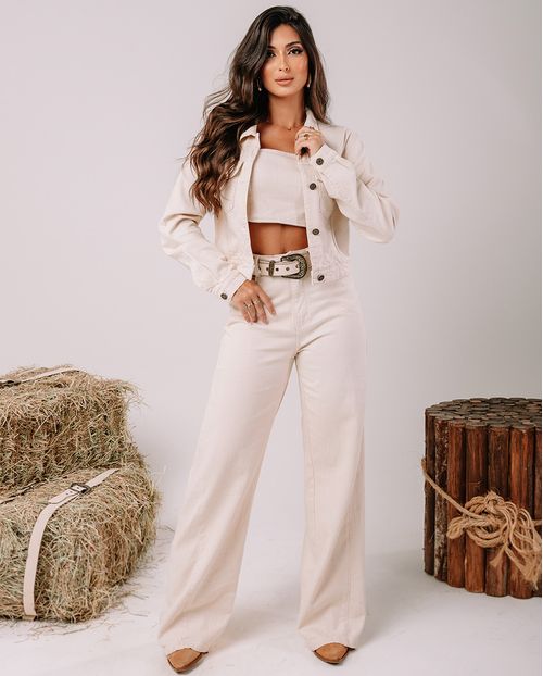Calça Jeans Wide Leg Feminina Cintura Alta com Cinto 23709 Off White