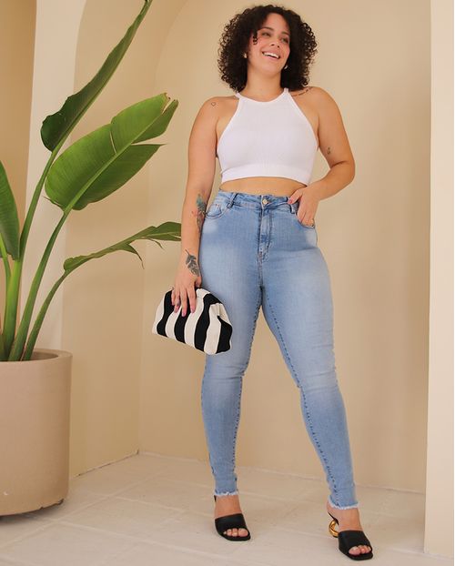 Calça Jeans Skinny Plus Size Feminina Cintura Alta Barra Desfiada 23589 Clara