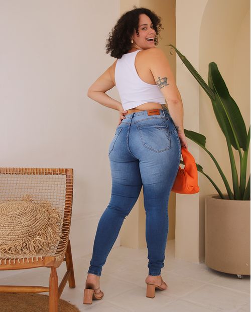 Calça Jeans Skinny Plus Size Feminina Cintura Alta Detalhe Bolso 23550 Média