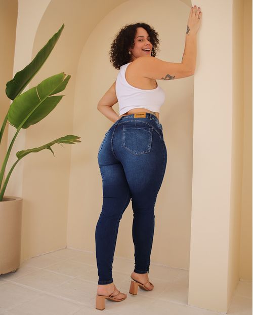Calça Jeans Skinny Plus Size Feminina Cintura Alta Botões Barra 23549 Escura