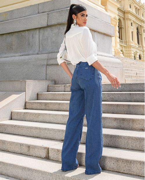 Calça Jeans Wide Leg Feminina Cintura Alta Detalhe Riscas 23647 Escura