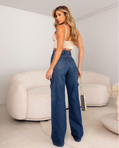 Calça Jeans Wide Leg Feminina Cintura Alta com Bolso Cargo 22186 Sujinha