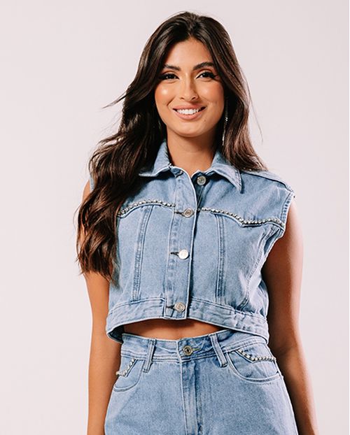 Colete Jeans Cropped Feminino com Aplicação 22699 Média