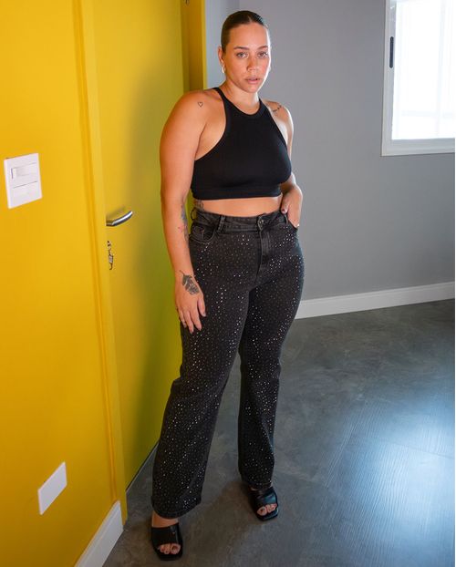 Calça Jeans Black Wide Leg Plus Size Feminina Cintura Alta com Aplicação 23365 Vintage