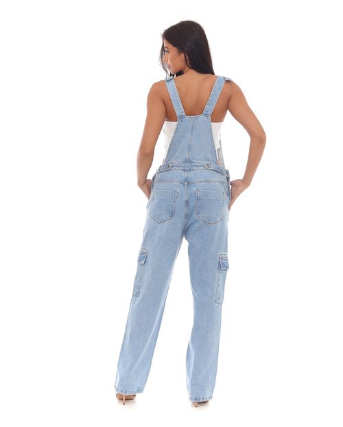 Macacão Jeans Feminino Bolsos Cargo Na Lateral da Perna 23042 Clara
