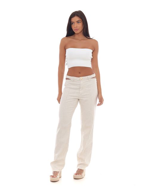 Calça Linho Reta Feminina Cintura Alta Cut Out 23304 Linho