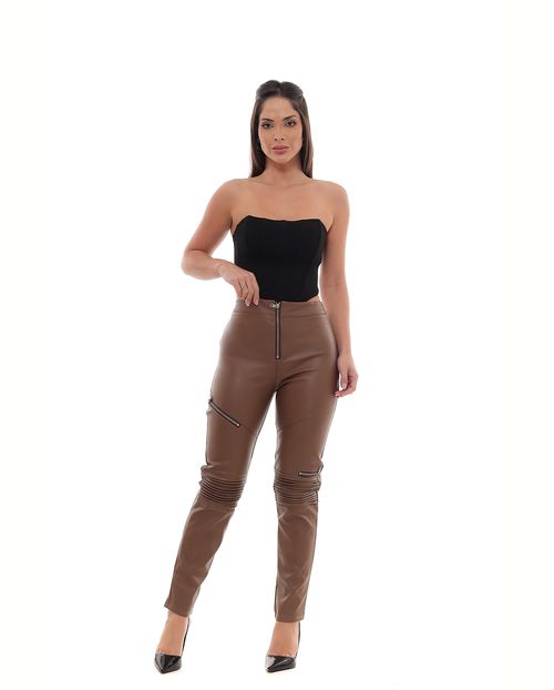 Calça Material Sintético Skinny Feminina Cintura Alta com Zíper Na Perna 90539 Marrom