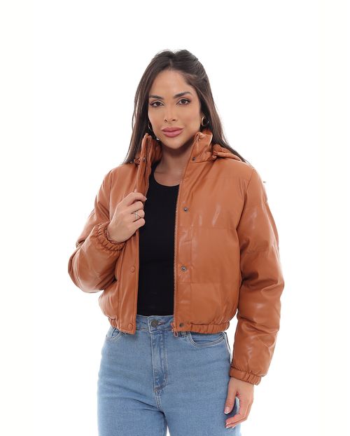 Jaqueta Cropped Feminina Puffer com Capuz 90550 Caramelo