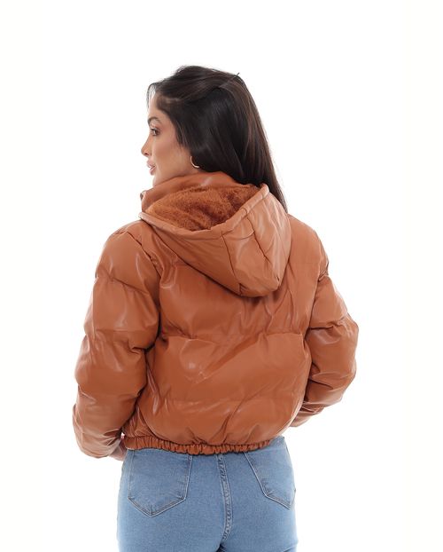 Jaqueta Cropped Feminina Puffer com Capuz 90550 Caramelo