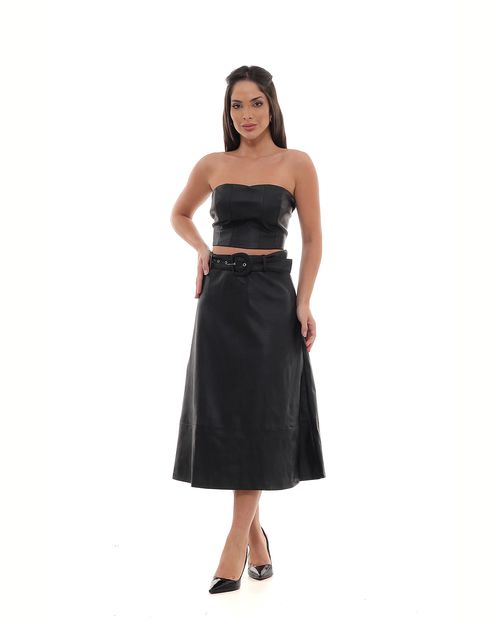 Saia Material Sintético Midi Feminina com Cinto 90538 Preto