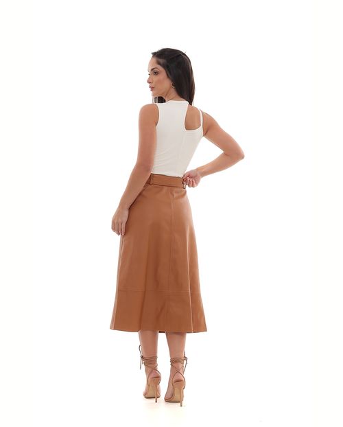 Saia Material Sintético Midi Feminina com Cinto 90538 Caramelo