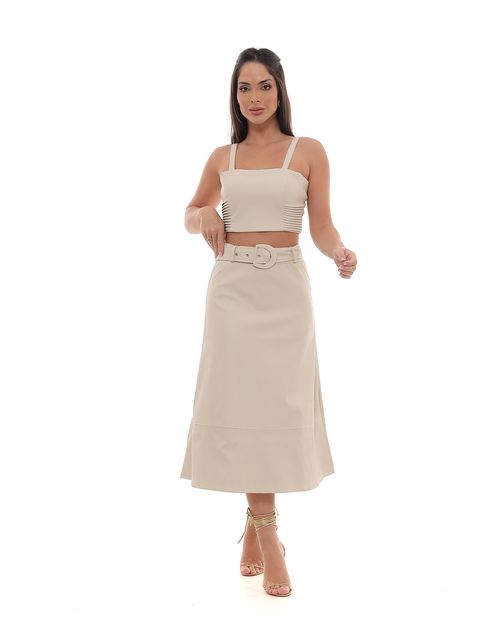 Saia Material Sintético Midi Feminina com Cinto 90538 Bege