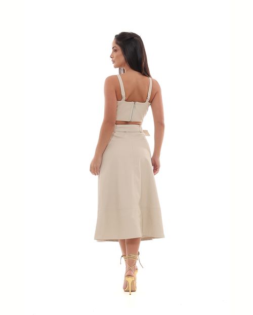 Saia Material Sintético Midi Feminina com Cinto 90538 Bege