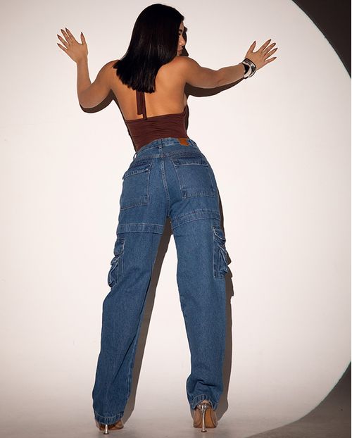 Calça Jeans Reta Cargo Feminina Cintura Alta Utilitária 23001 Média