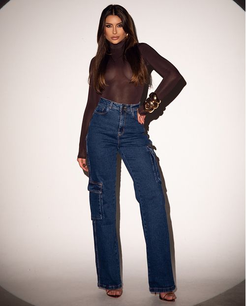 Calça Jeans Wide Leg Feminina Cintura Alta Carpinteiro 22886 Escura