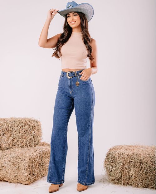 Calça Jeans Wide Leg Feminina Cintura Alta com Cinto 23602 Escura