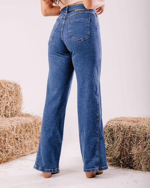 Calça Jeans Wide Leg Feminina Cintura Alta com Cinto 23602 Escura