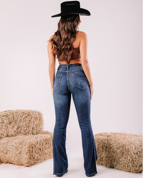 Calça Jeans Flare Feminina Cintura Média com Cinto 23679 Escura
