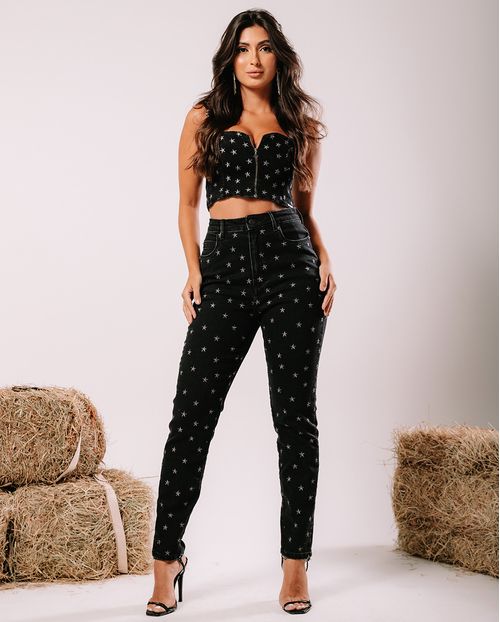 Calça Jeans Black Mom Feminina Cintura Alta Bordados Estrelas 23618 Preto