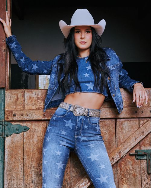Top Jeans Feminino Detalhes de Estrelas No Laser 23672 Escura