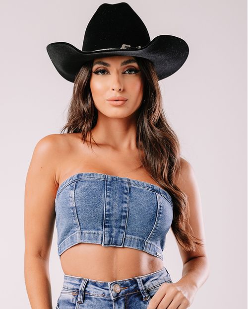Top Jeans Feminino com Recorte Frontal 23748 Médio/escuro