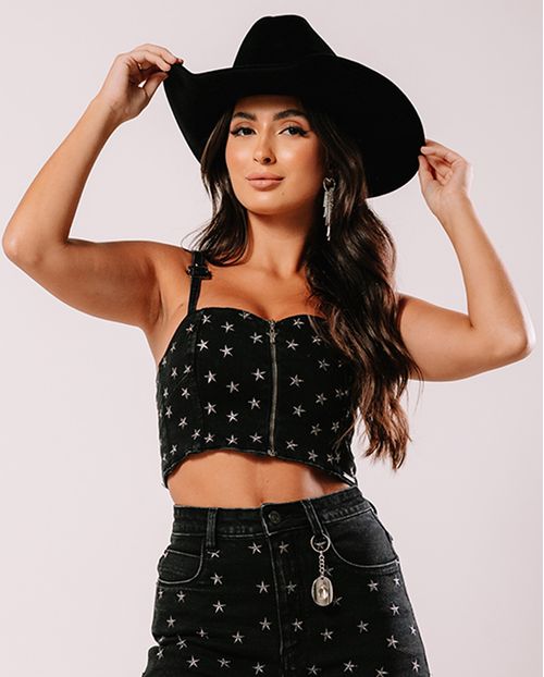 Top Jeans Black com Bordados de Estrelas 23615 Preto