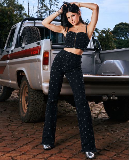 Calça Jeans Black Wide Leg Feminina Cintura Alta Bordados Estrelas 23617 Preto