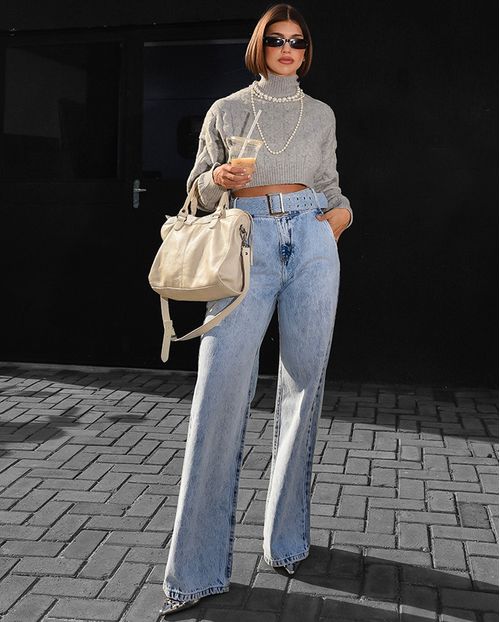 Calça Jeans Wide Leg Feminina Cintura Alta com Cinto 23699 Marmorizado