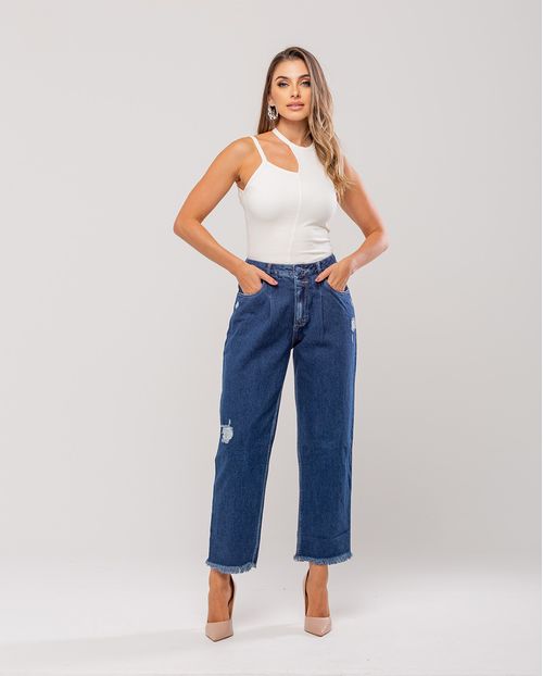 Calça Jeans Feminina Slouchy Rasgada com Barra Desfiada   21864 Escura