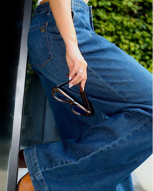 Calça Jeans Wide Leg Feminina Cintura Alta com Prega 23744 Escura