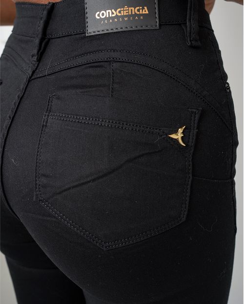 Calça Sarja Skinny Feminina Cintura Média Botão Na Lateral da Barra 23417 Preto