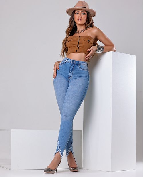 Calça Jeans Skinny Hot Feminina Cintura Alta Barra Diferenciada 23796 Média