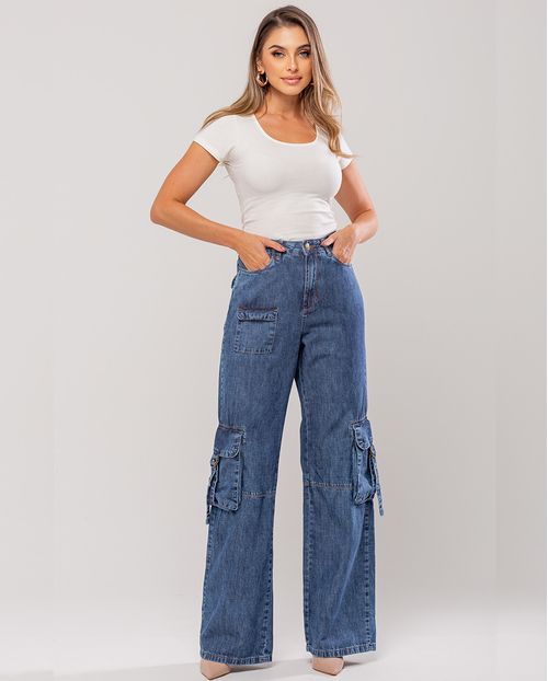 Calça Jeans Wide Leg Feminina Cintura Alta Bolso Cargo 23571 Escura