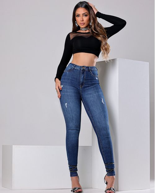 Calça Jeans Skinny Hot Feminina Cintura Alta Detalhes Puídos 23801 Escura