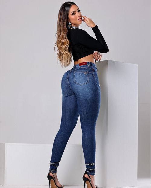 Calça Jeans Skinny Hot Feminina Cintura Alta Detalhes Puídos 23801 Escura
