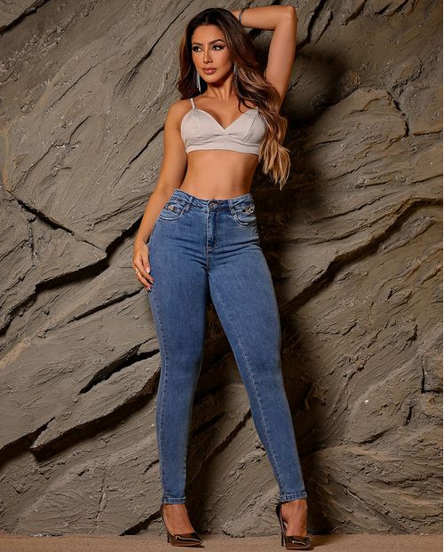 Calça Jeans Skinny Feminina Cintura Média Detalhe de Corrente 23834 Média