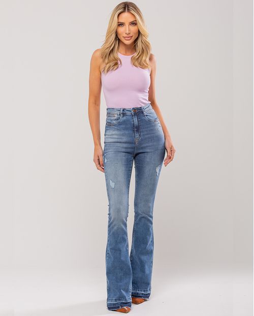 Calça Jeans Flare Feminina Cintura Média Detalhe Barra 23558 Médio/escuro