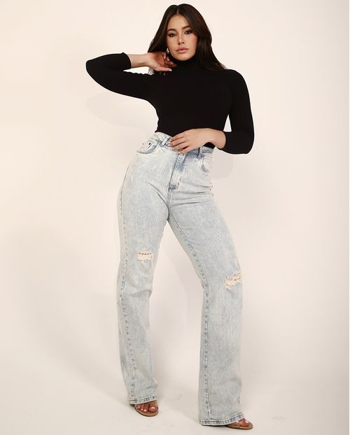 Calça Jeans Wide Leg Feminina Cintura Alta Detalhe Puídos 23752 Marmorizado