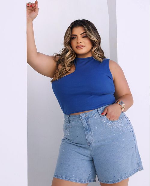 Bermuda Jeans Meia Coxa Plus Size Feminina Cintura Alta com Aplicação 23562 Clara