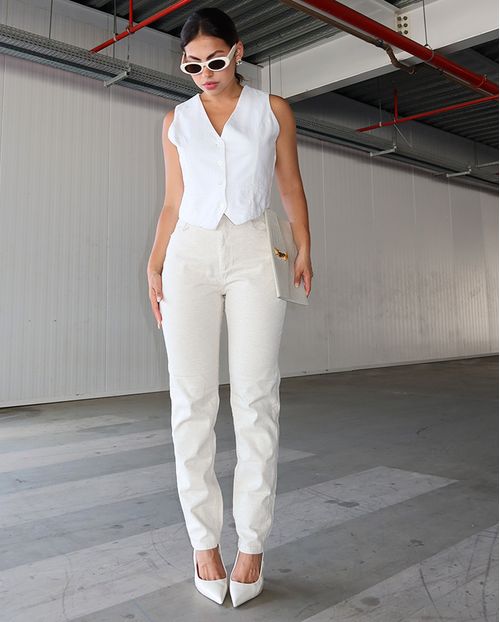 Calça Linho Mom Feminina Cintura Alta Básica 23817 Linho